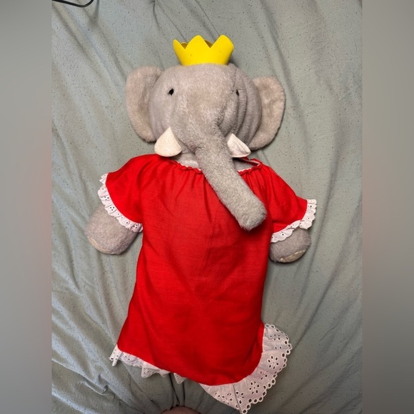 babar Other - Babar Gray Elephant Plush Toy with Red Dress and Yellow Crown 1977 vintage